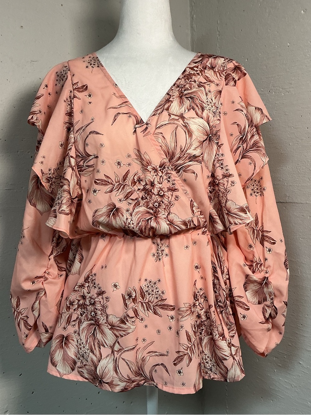 American Bling Blouse 3/4 Sleeves peach Floral Ruffles Women's Blouse Size XL